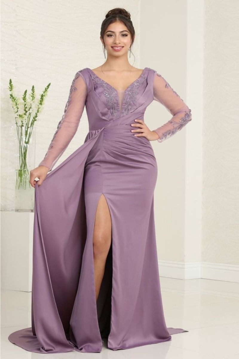 V-Neck Floor-Length Satin Evening Gown A-Line May Queen RQ8045