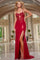 Prom Dresses Ruched Long Floral Slit Formal Prom Dress Red