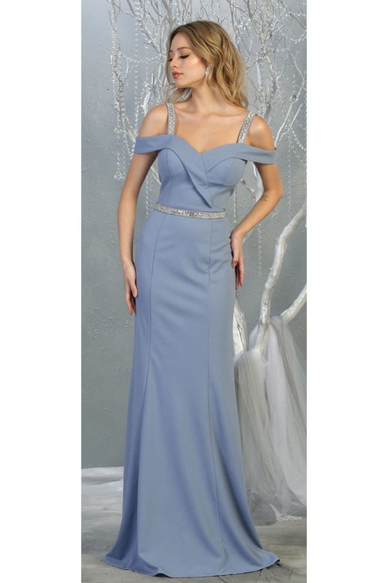Dusty Blue Cold-Shoulder Floor-Length Jersey Prom Dress May Queen MQ1765