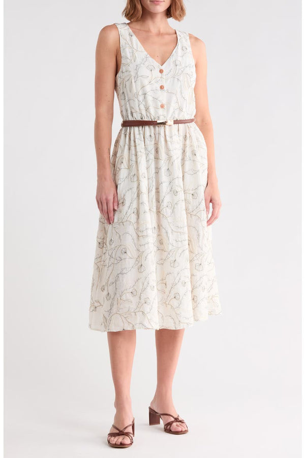 Floral Embroidered Sleeveless Belted Midi Dress Badgley Mischka BW50462