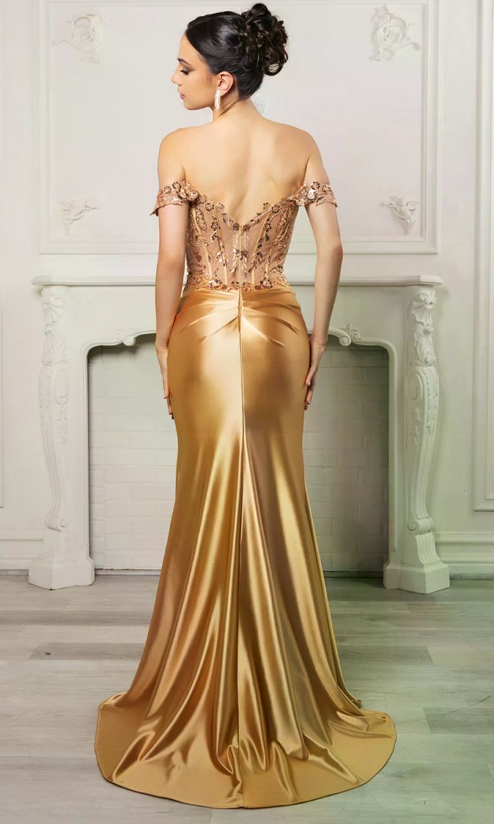 Off-the-Shoulder Floor-Length Satin Evening Gown Mermaid May Queen 2153