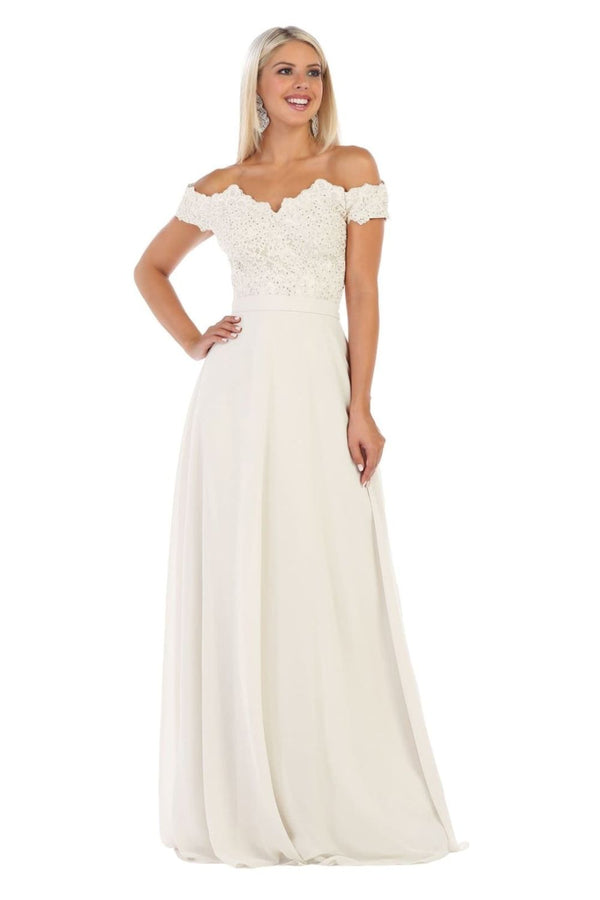 May Queen MQ1601 Off-The-Shoulder Floor-Length Chiffon Wedding Beaded Gown