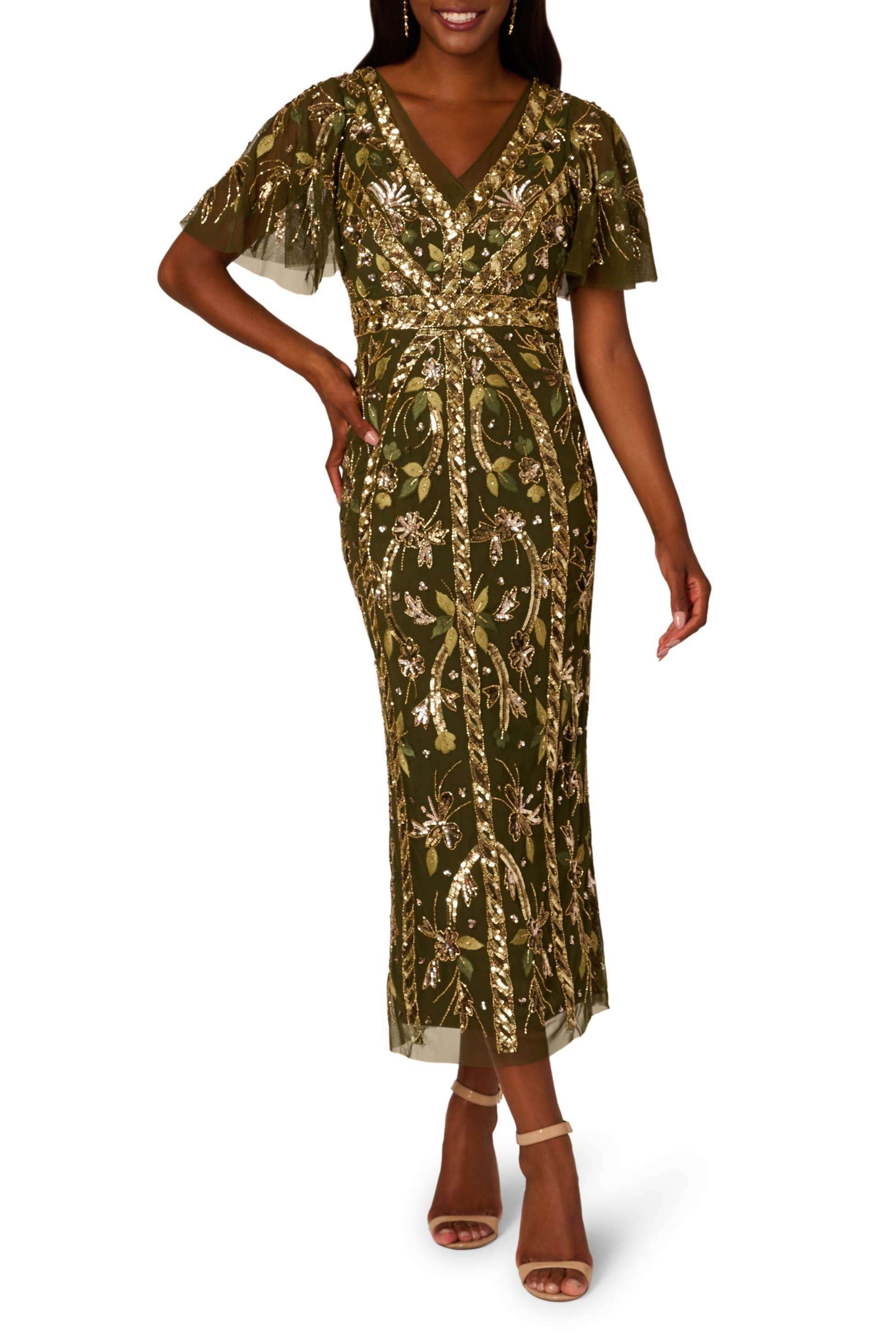 V-Neck Midi Sequin Occasion Fit & Flare Adrianna Papell AP1E211444