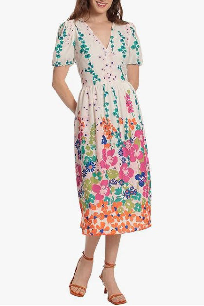 Donna Morgan D7896M Floral Print Puff Sleeve Cocktail Midi Dress