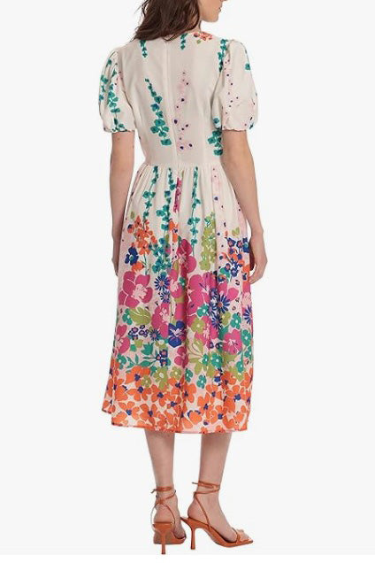 Donna Morgan D7896M Floral Print Puff Sleeve Cocktail Midi Dress