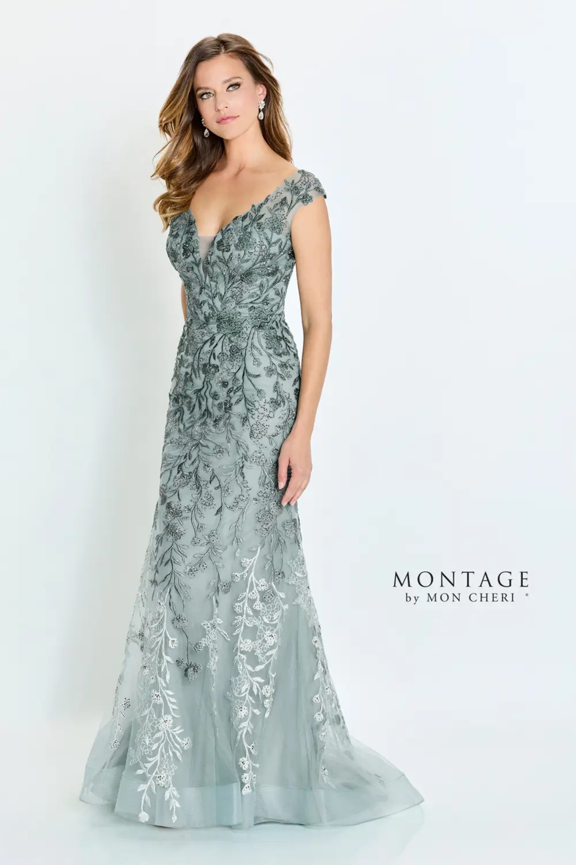 Montage M522 Beaded Floral Long Formal Ombre Evening Dress - Sage / 10 Montage M522 Beaded Floral Long Formal Ombre Evening Dress - Sage / 10