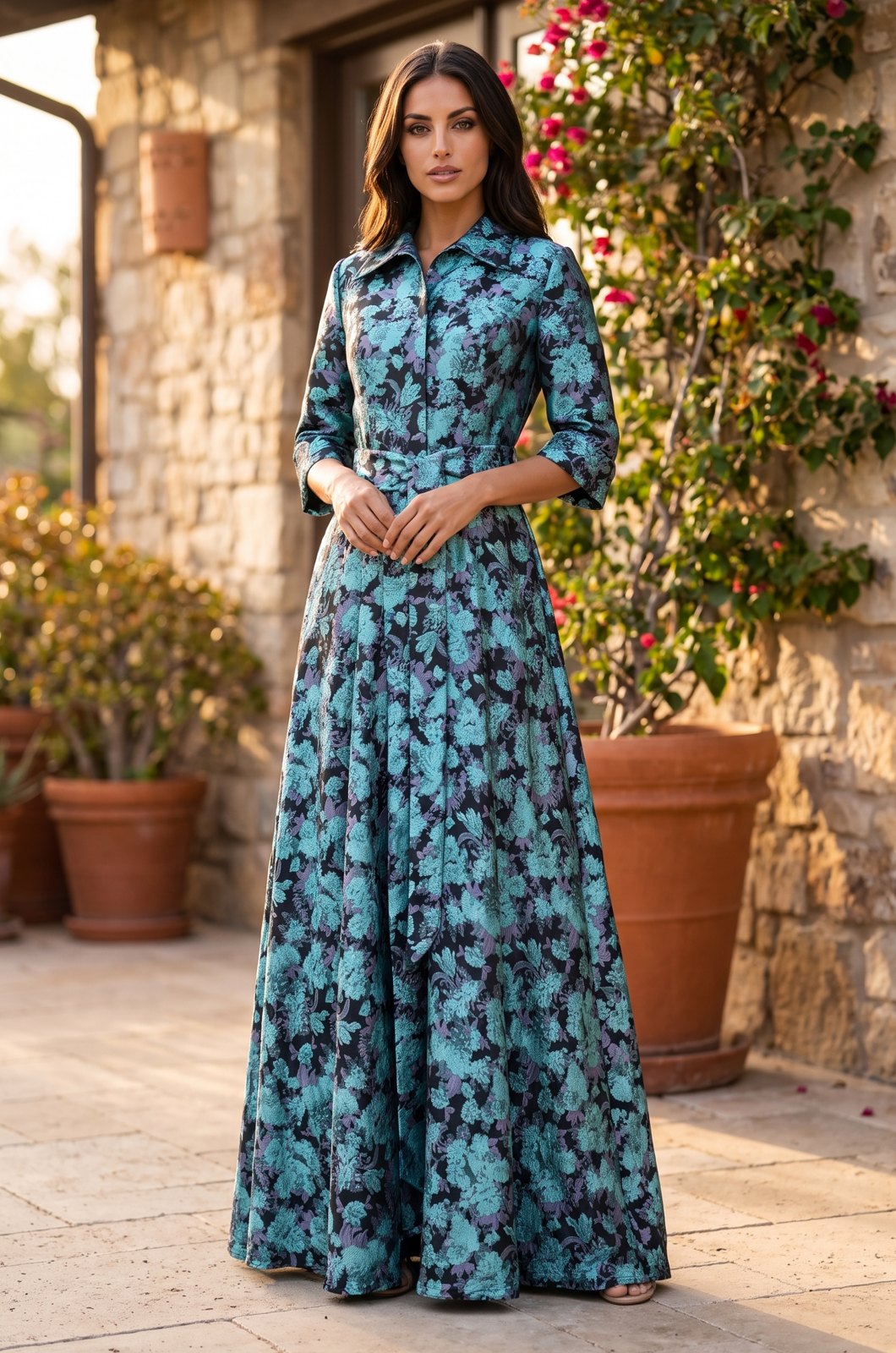 Dark Lilac floral collared long sleeve A-line gown, view 1