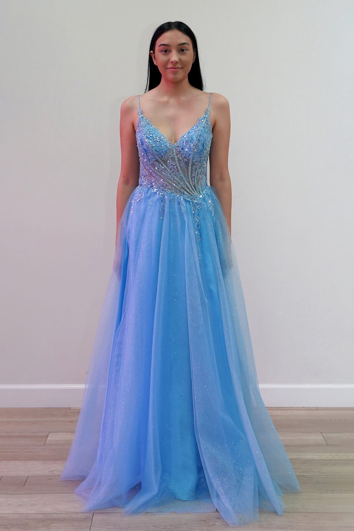 Sky Blue V-Neck Floor-Length Tulle Gown with Sheer Corset Detailing – Formal Gown Juliet JT2618U