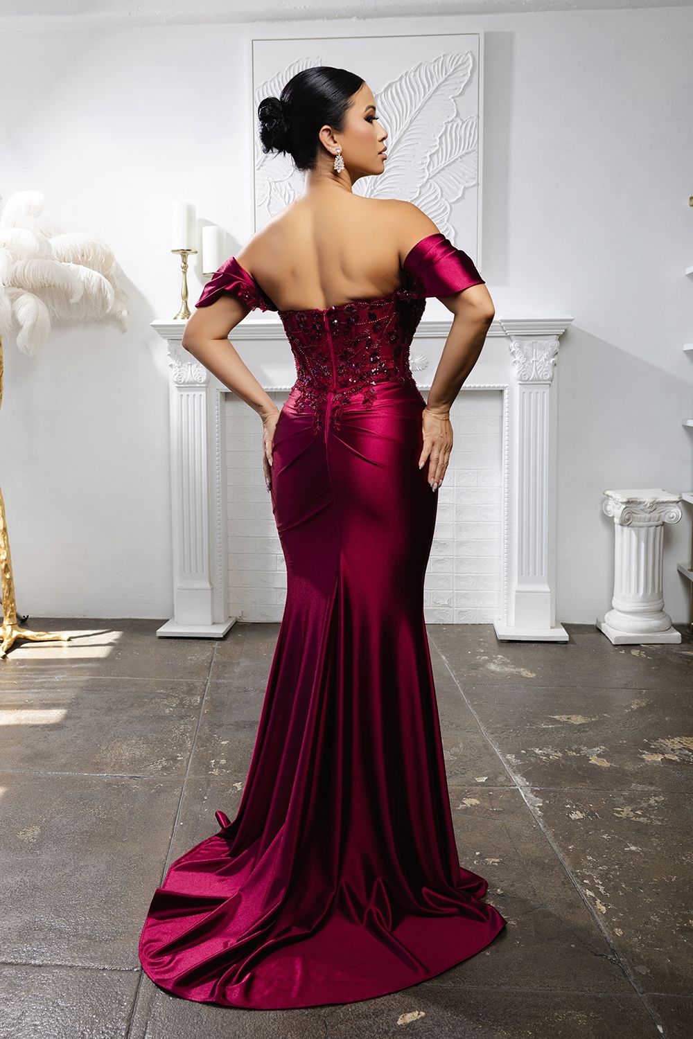 Off-the-Shoulder Floor-Length Satin Formal Sheath Column May Queen 2181
