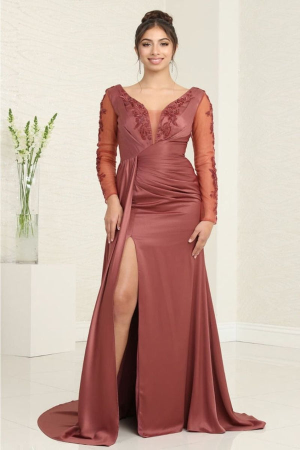 V-Neck Floor-Length with Train Satin Prom A-Line May Queen MQ2008