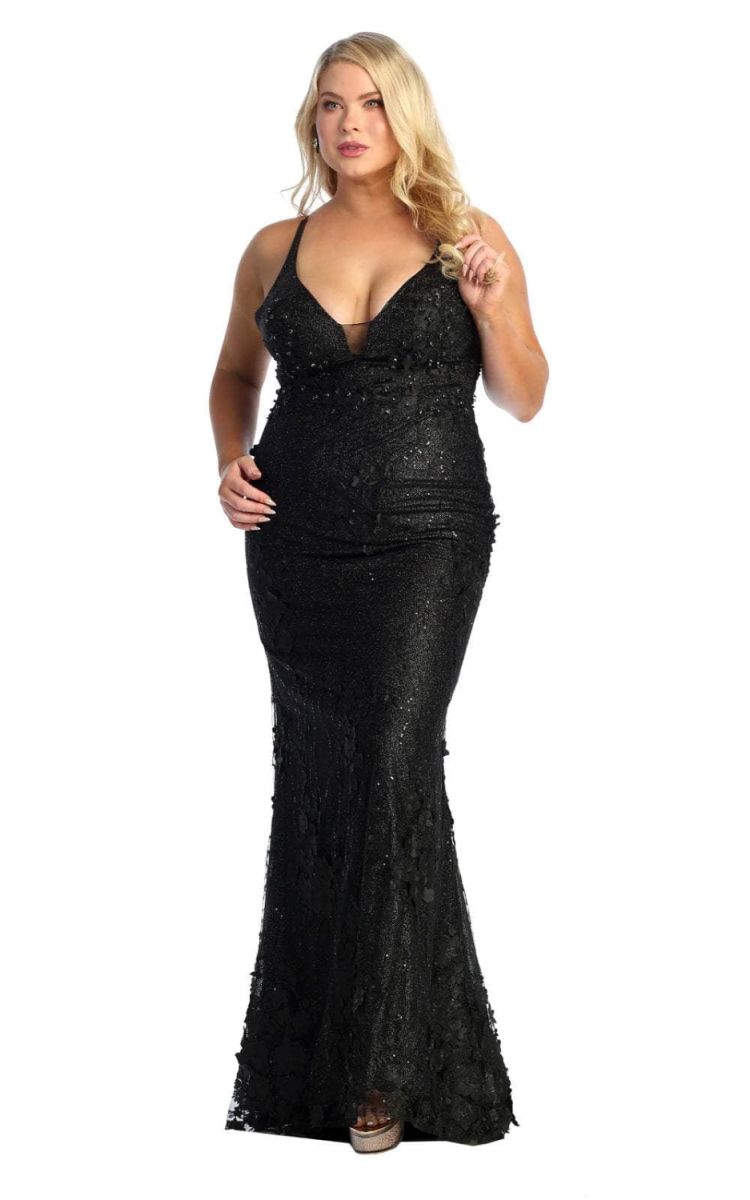 Black V-Neck Floor-Length Sequin Applique Prom Dress May Queen RQ7932