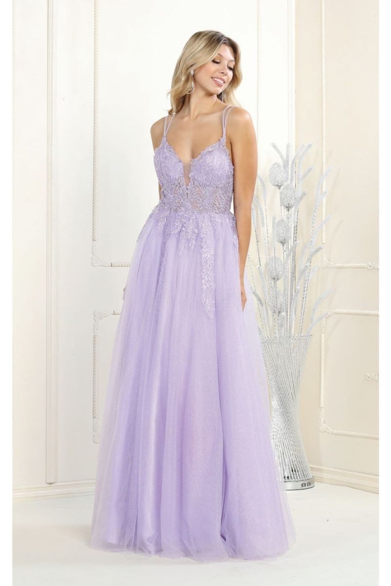 V-Neck Floor-Length Tulle Prom A-Line May Queen RQ7957