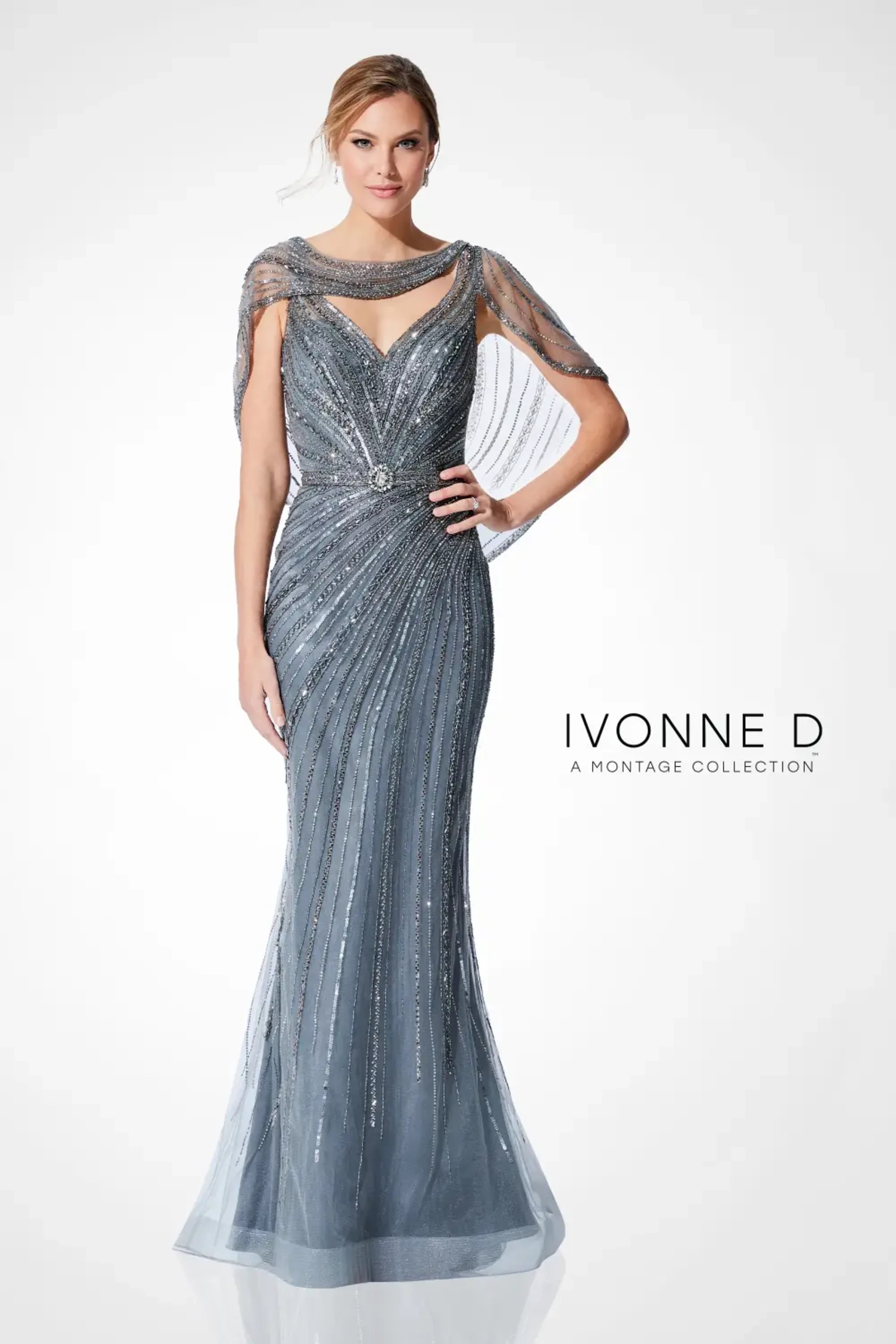 Formal Dresses Beaded Long Formal Cape Evening Dress Steel Gray