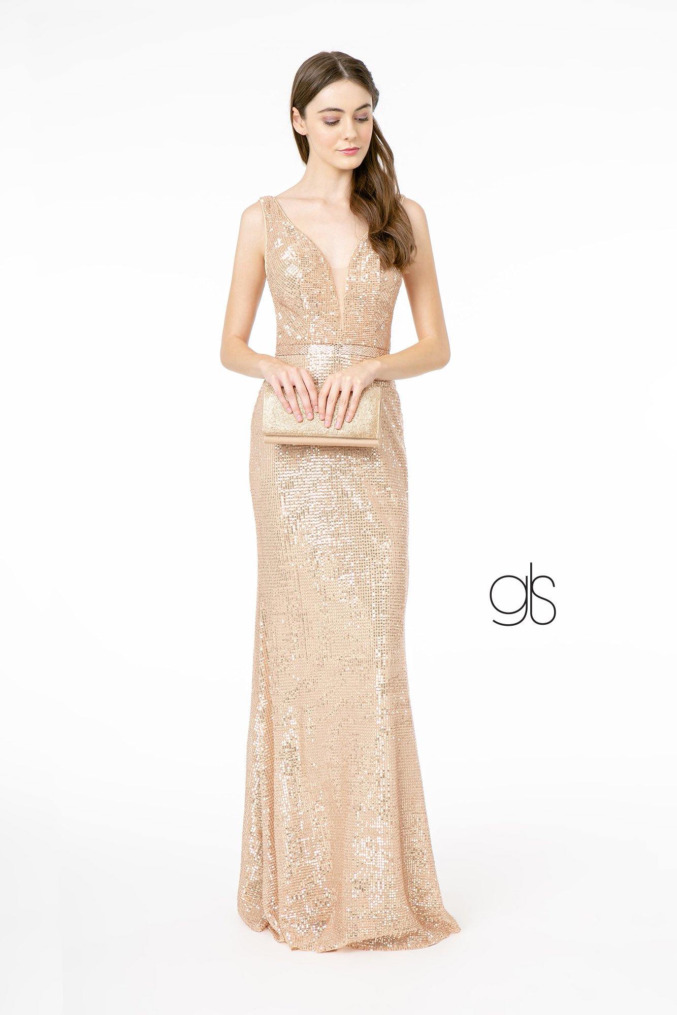 Deep Illusion V-Neck Sequin Long Prom Dress - The Dress Outlet Elizabeth K