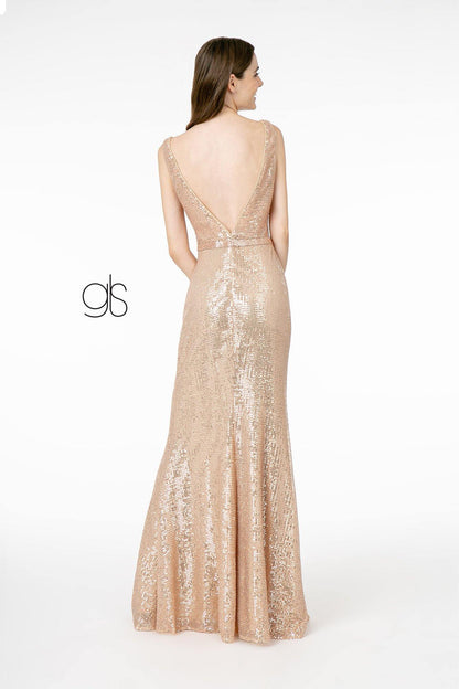 Deep Illusion V-Neck Sequin Long Prom Dress - The Dress Outlet Elizabeth K