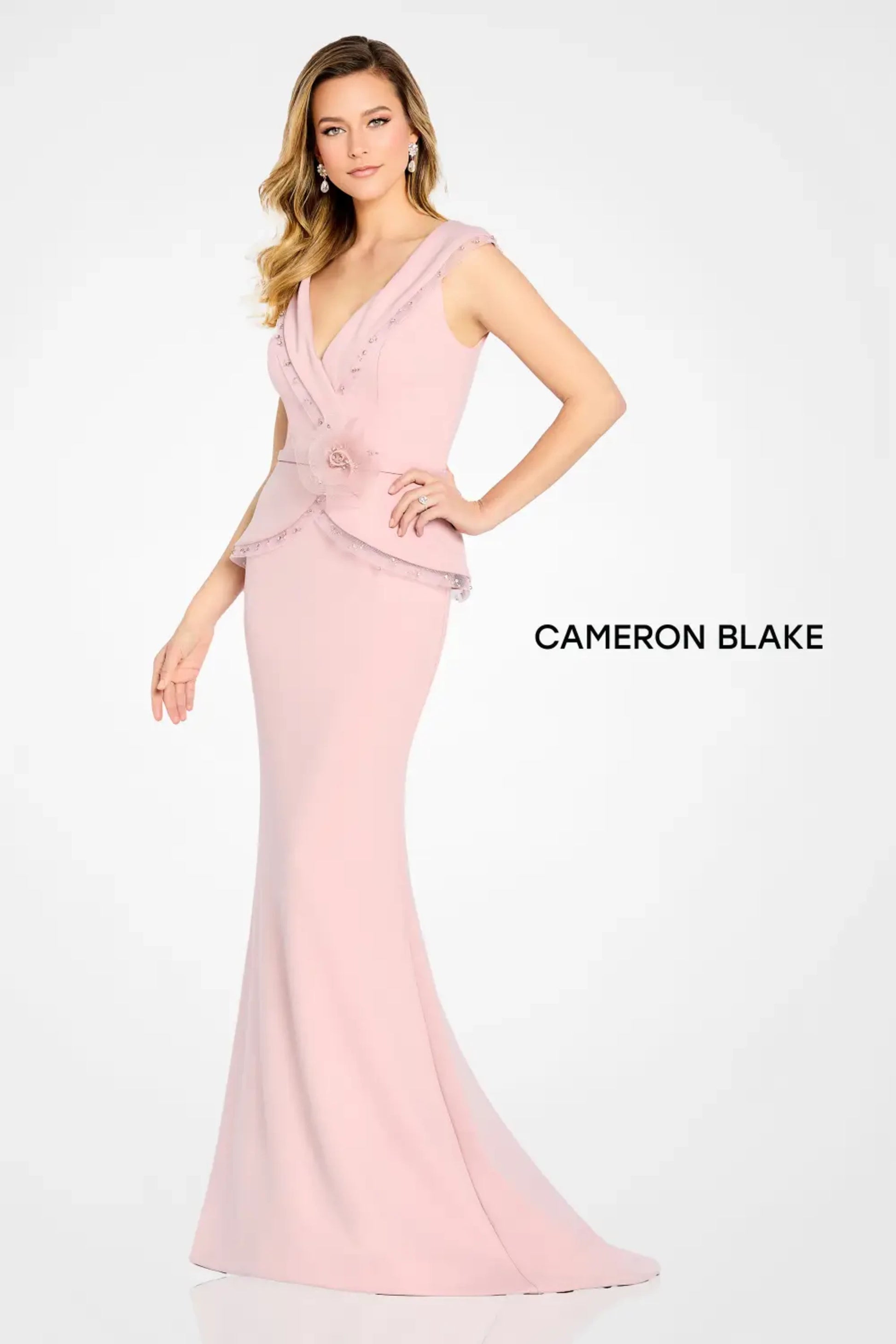Cameron Blake CB100 Long Beaded Formal Peplum Evening Gown