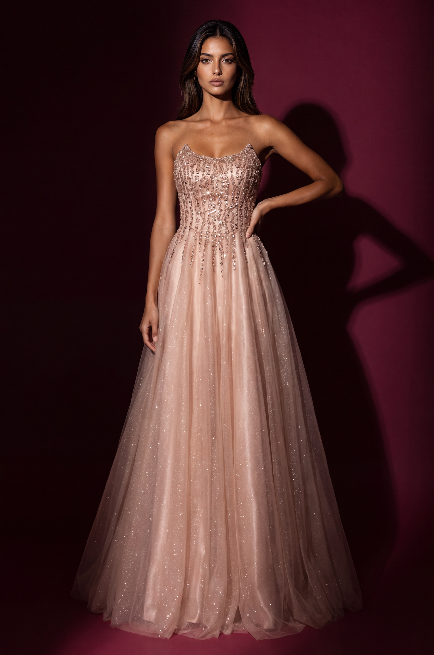 Champagne A-line strapless glitter tulle prom gown, front view