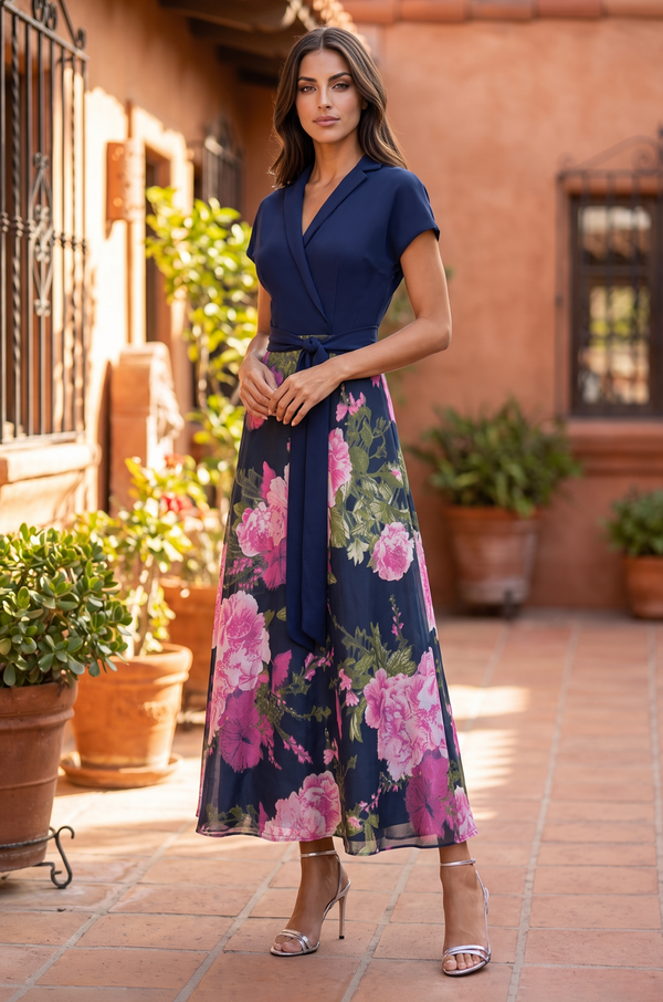 Formal Collar Floral Print A Line Cocktail Midi Dress