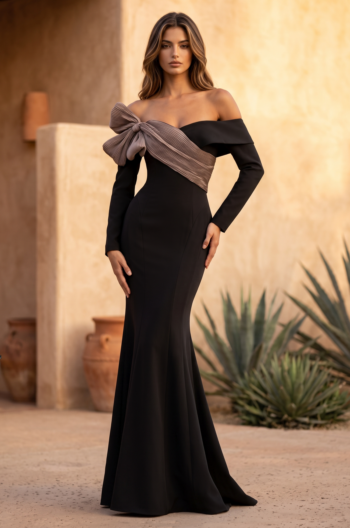 Black and Deep Brown off-the-shoulder bow mermaid gown
