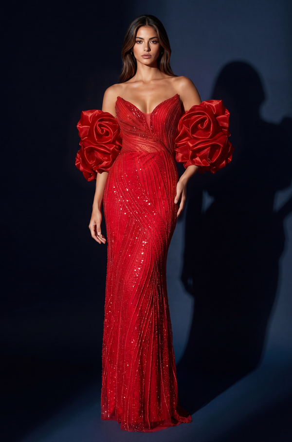Formal Beaded Sequined Puff Sleeve Evening Gown