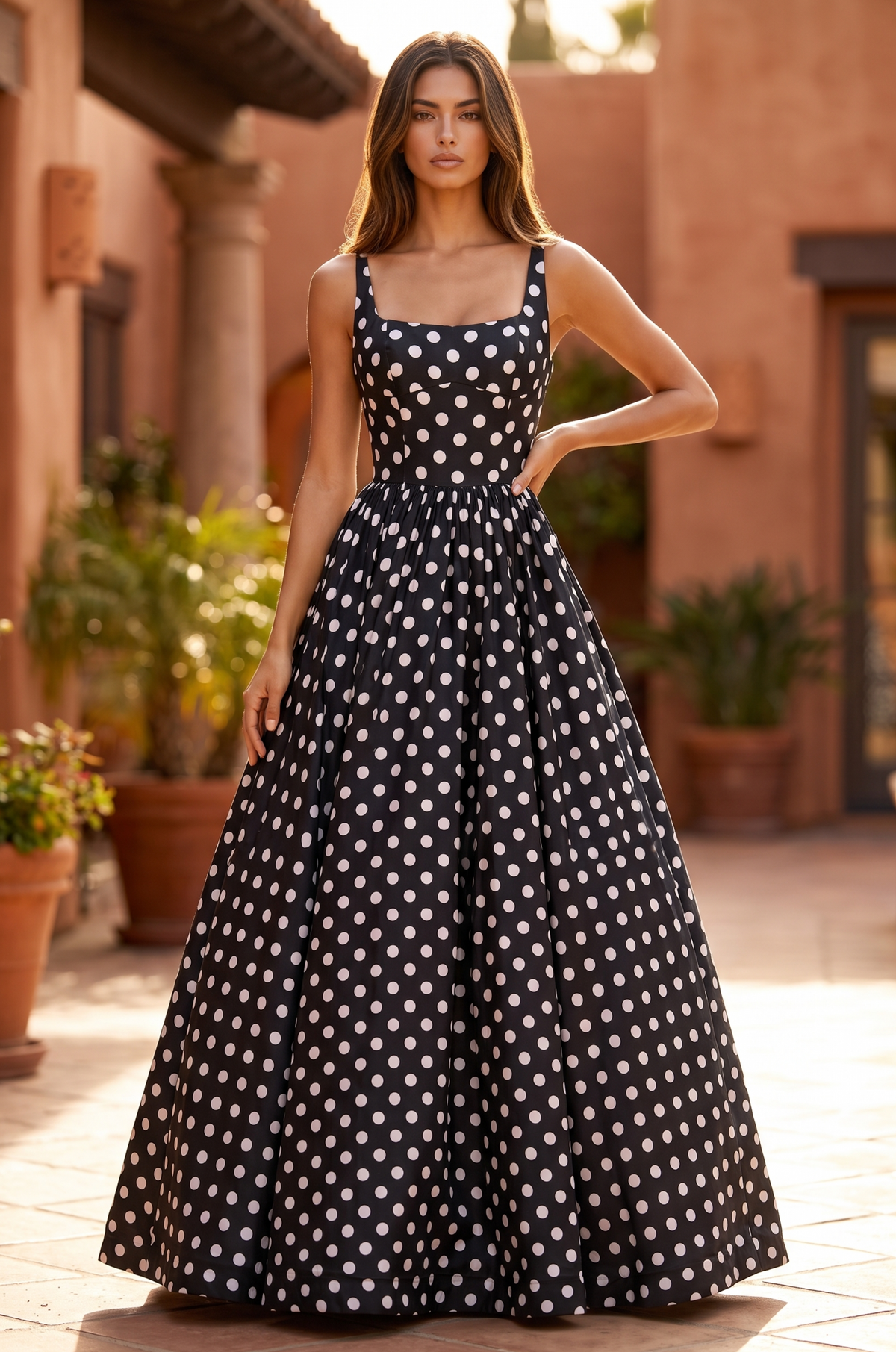 Square Neck Polka Dot Full Skirt Formal Gown