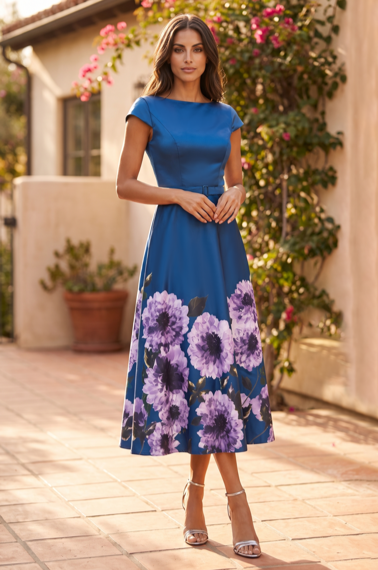 1716 Teal floral cap sleeve midi dress, front view