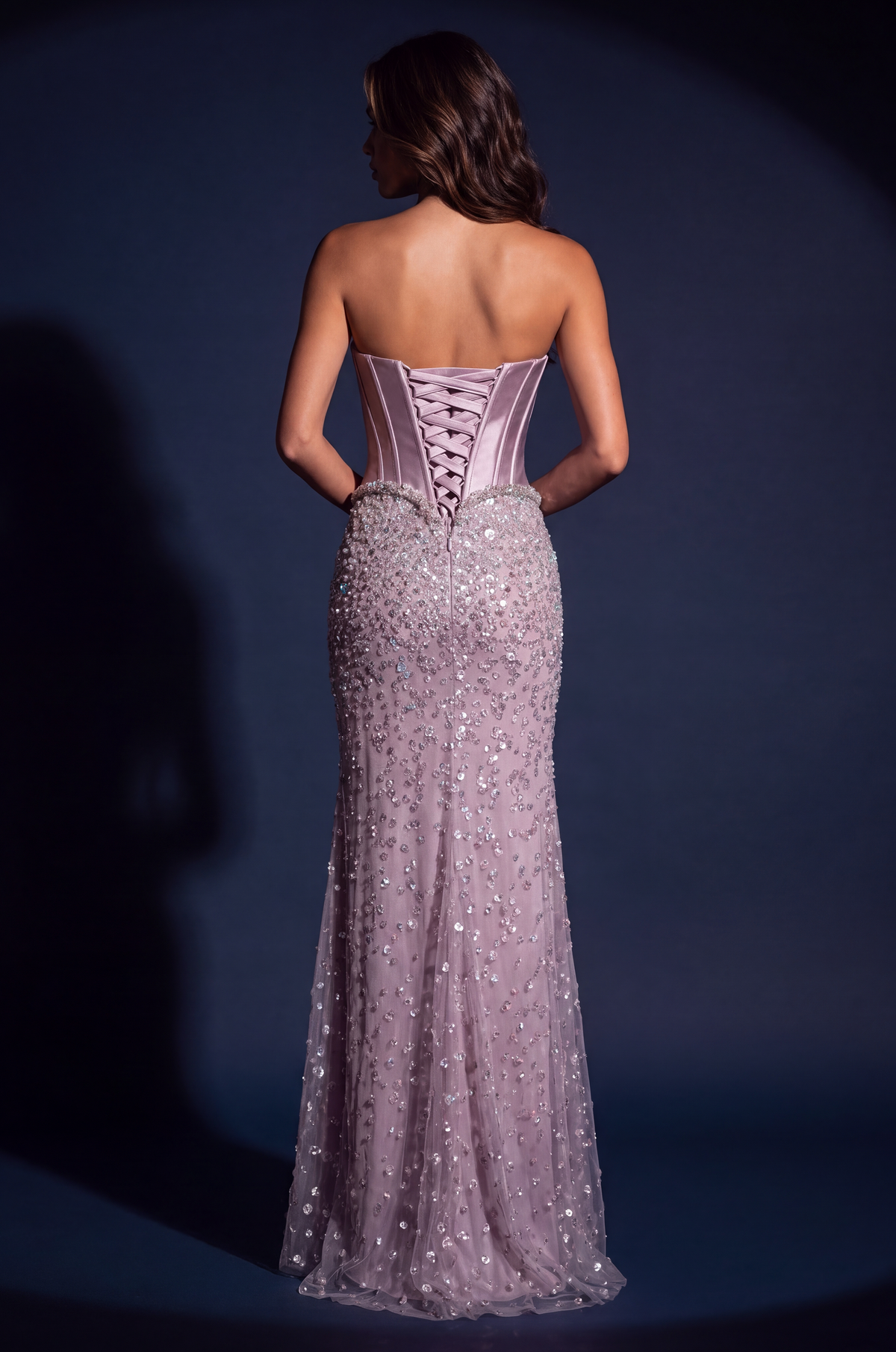 Strapless beaded corset mermaid gown in mauve - view 4