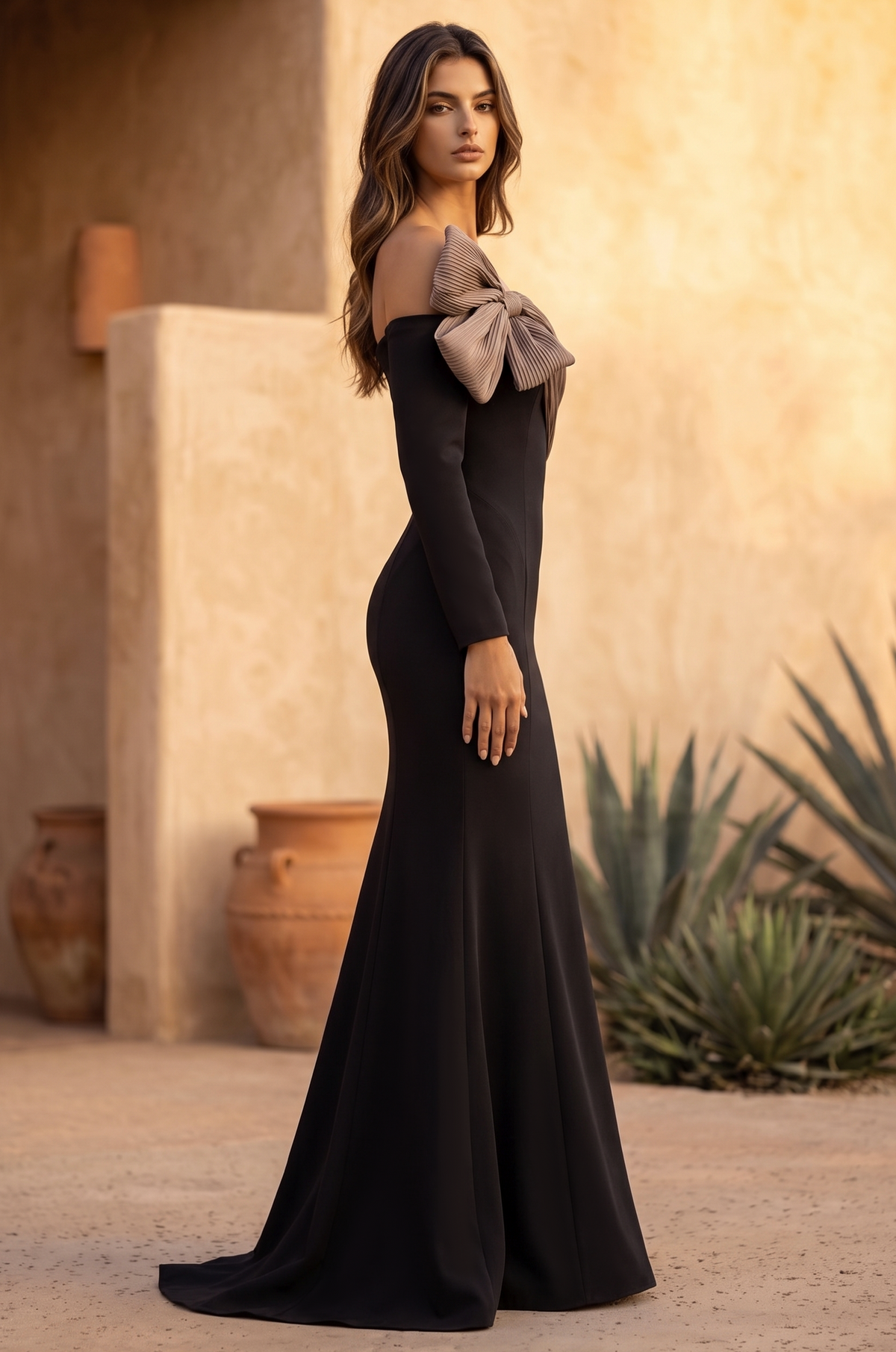 Black and Deep Brown off-the-shoulder bow mermaid gown