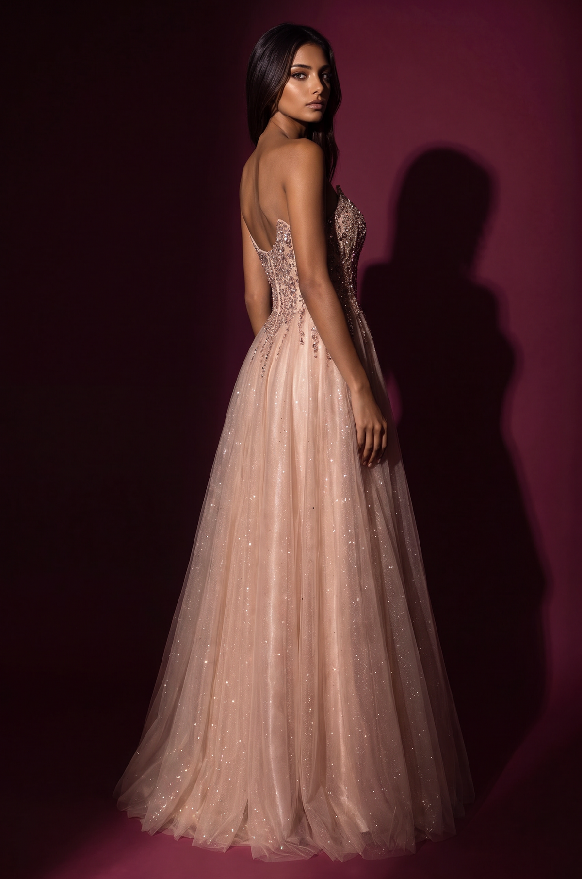 Champagne A-line strapless glitter tulle prom gown, side view