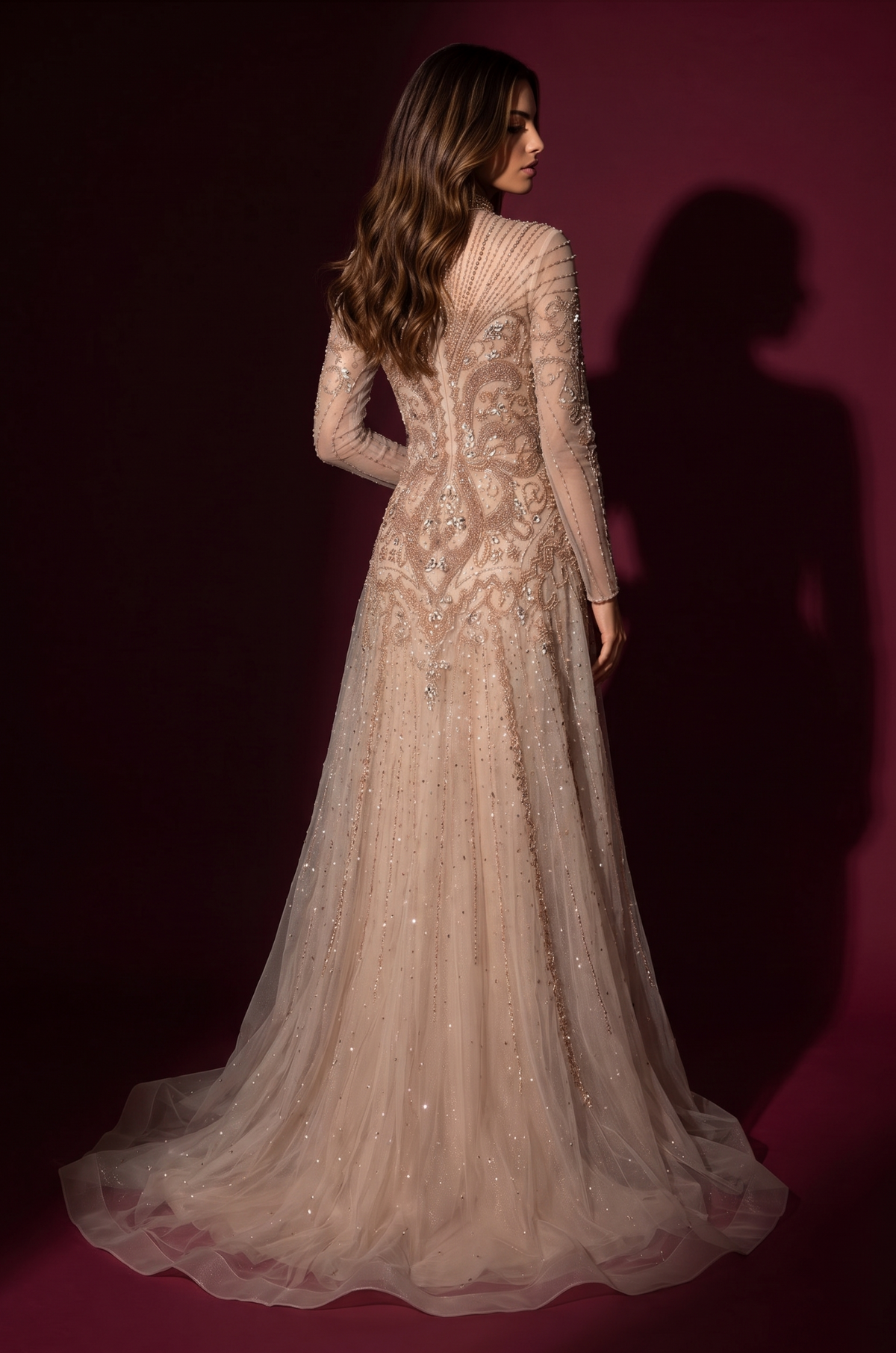 Formal Beaded Couture Long Sleeve Evening Gown