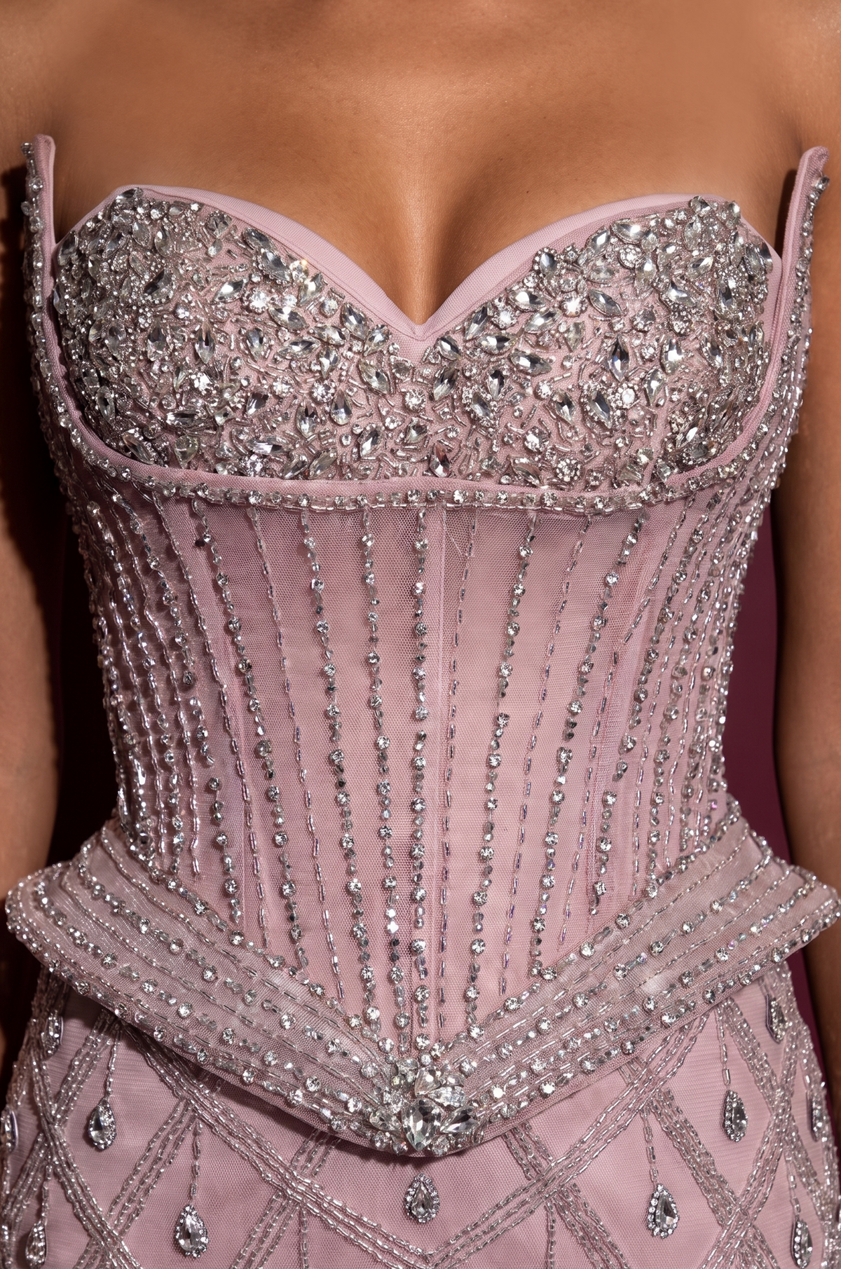 Pink Beaded Corset Fitted Peplum Couture Dress