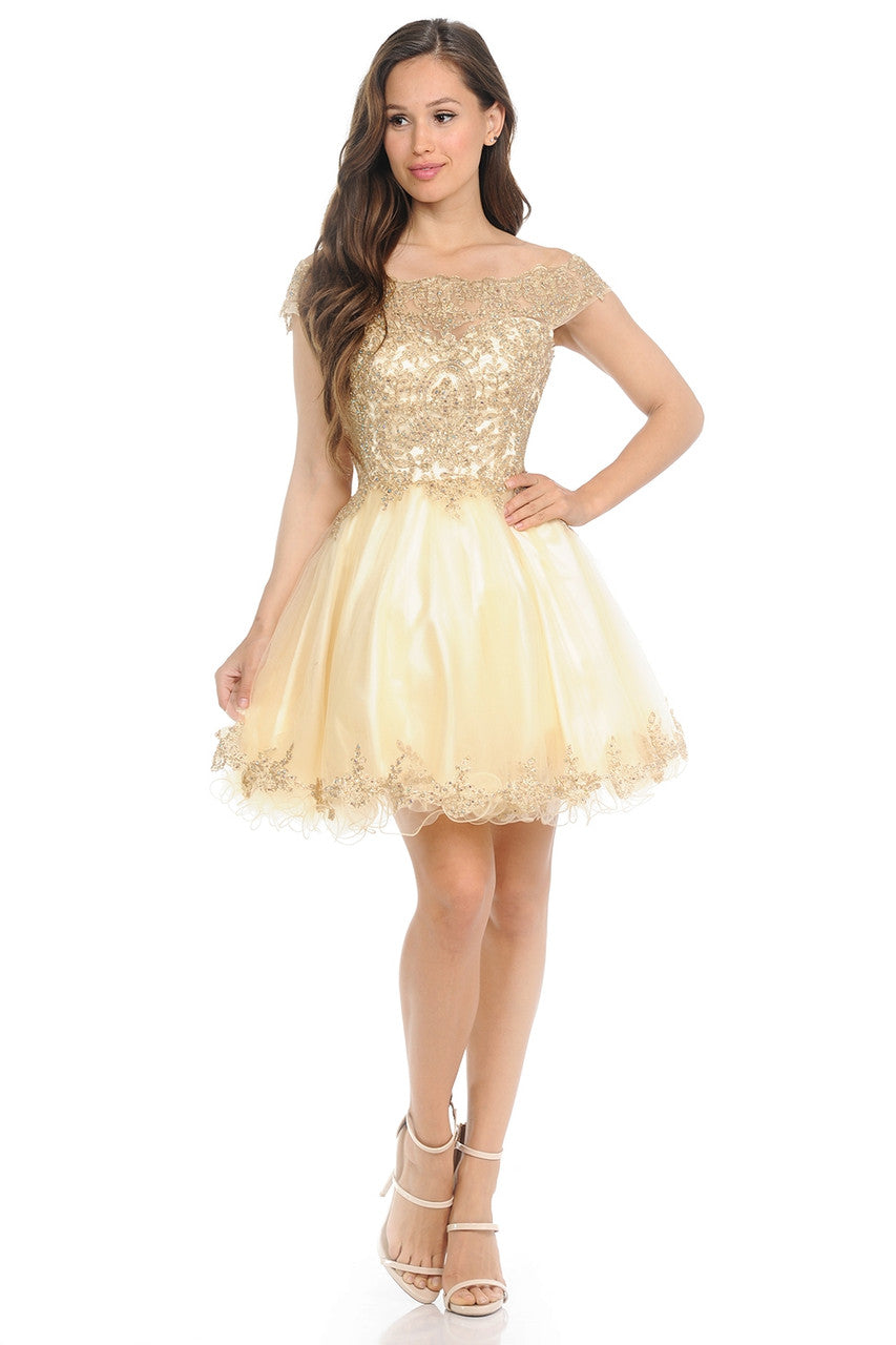 Cocktail Dresses Short Lace Homecoming Mini Cocktail Dress Lenovia 8124 Champagne Gold
