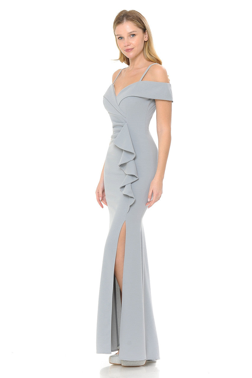 Prom Dresses Long Formal Slit Ruffle Prom Dress Lenovia 5206 Silver