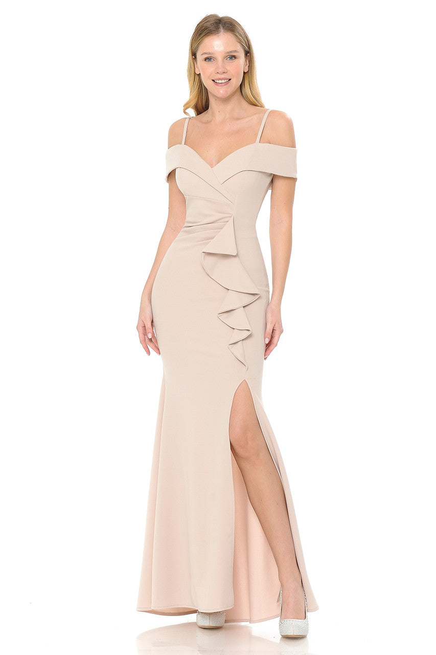 Prom Dresses Long Formal Ruffle Slit Prom Dress Lenovia 5206 Nude