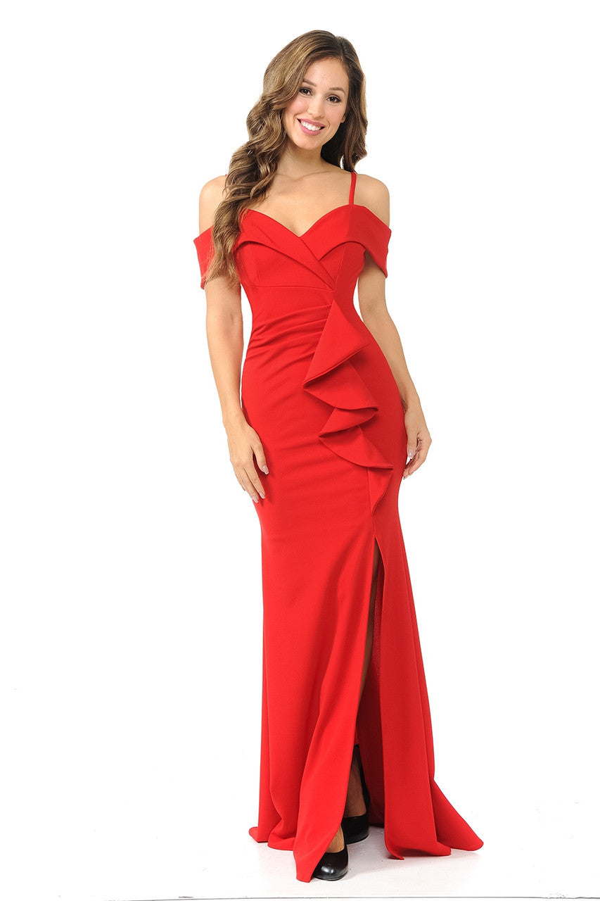 Prom Dresses Long Formal Ruffle Slit Prom Dress Lenovia 5206 Red
