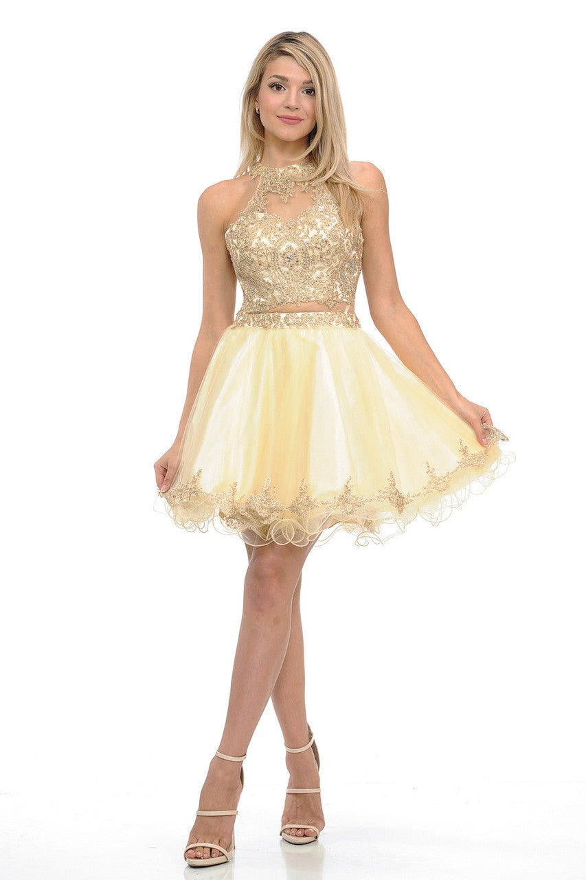 Cocktail Dresses Short Homecoming Lace Applique Mini Cocktail Dress Lenovia 8015 Champagne Gold