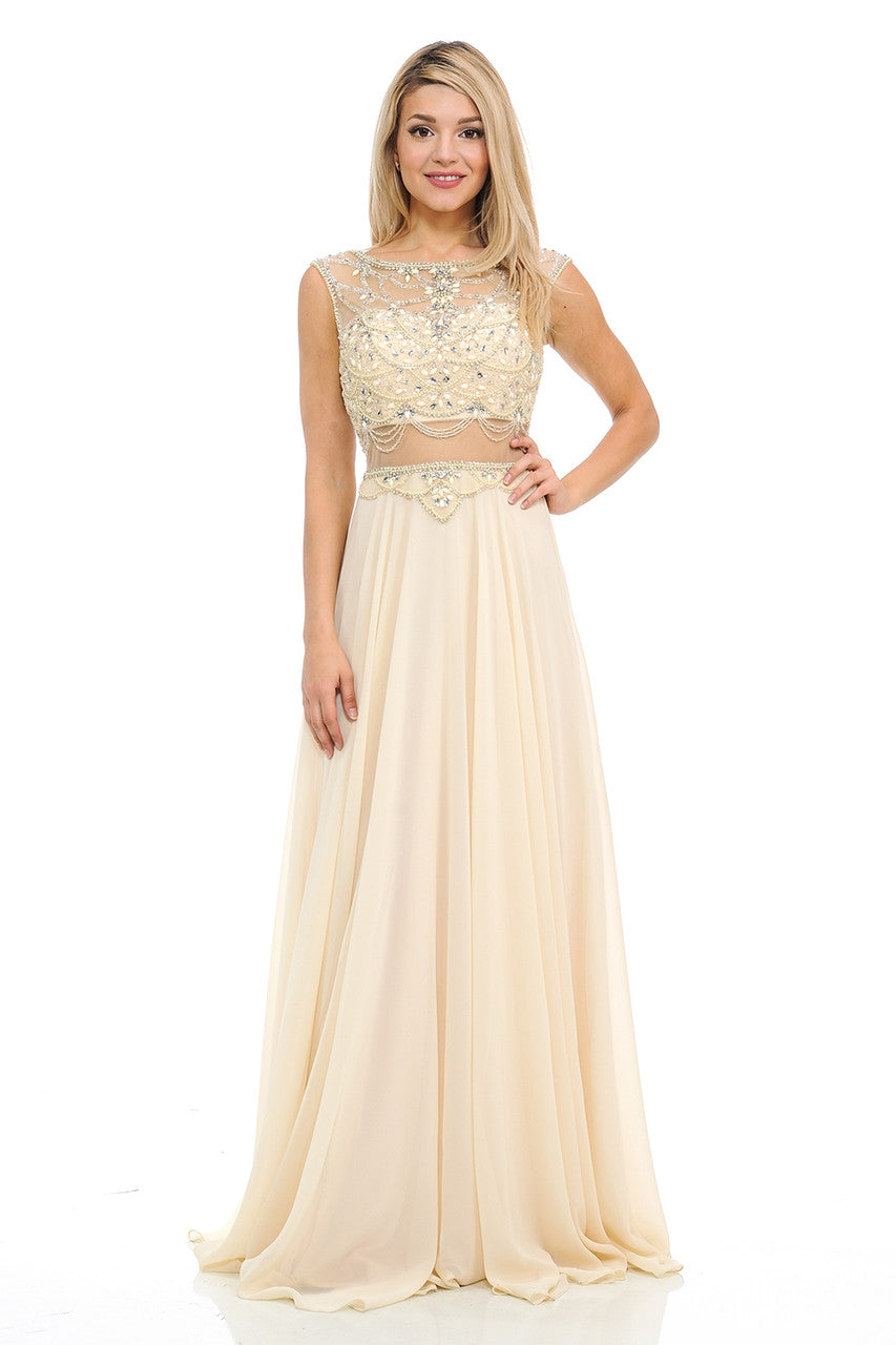 Prom Dresses Long Formal Beaded Prom Evening Dress Lenovia 8121 Champagne Gold