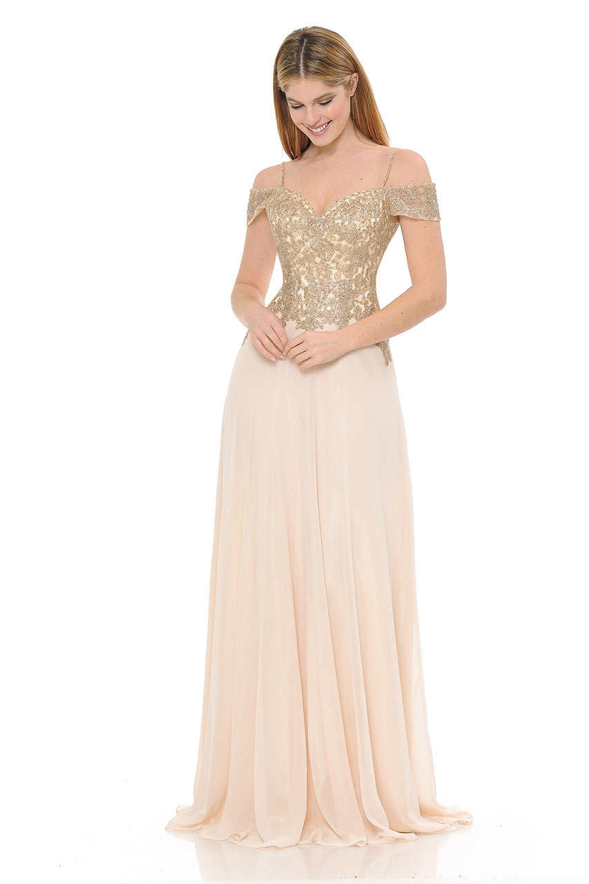 Prom Dresses Formal Metallic Long Prom Dress Lenovia 8132 Champagne Gold