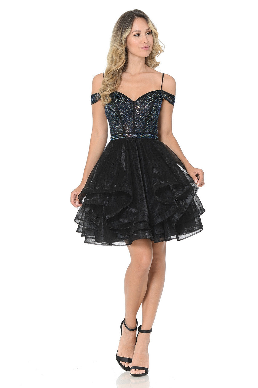 Cocktail Dresses Mini Ruffle Homecoming Beaded Short Cocktail Dress Lenovia 8140 Black