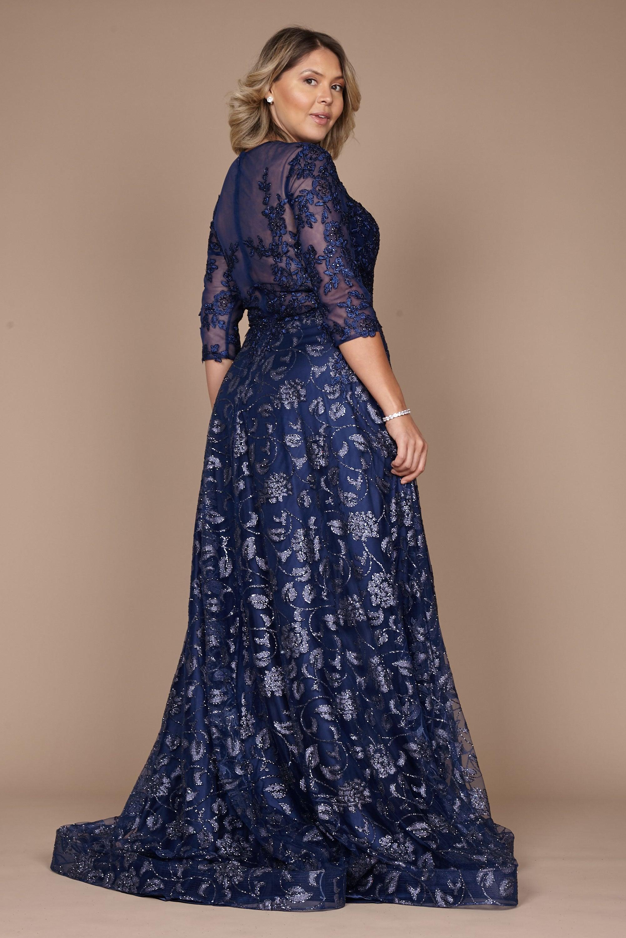 A stunning long formal lace evening dress in navy, featuring intricate lace detailing and a flowing silhouette, perfect for elegant occasions.