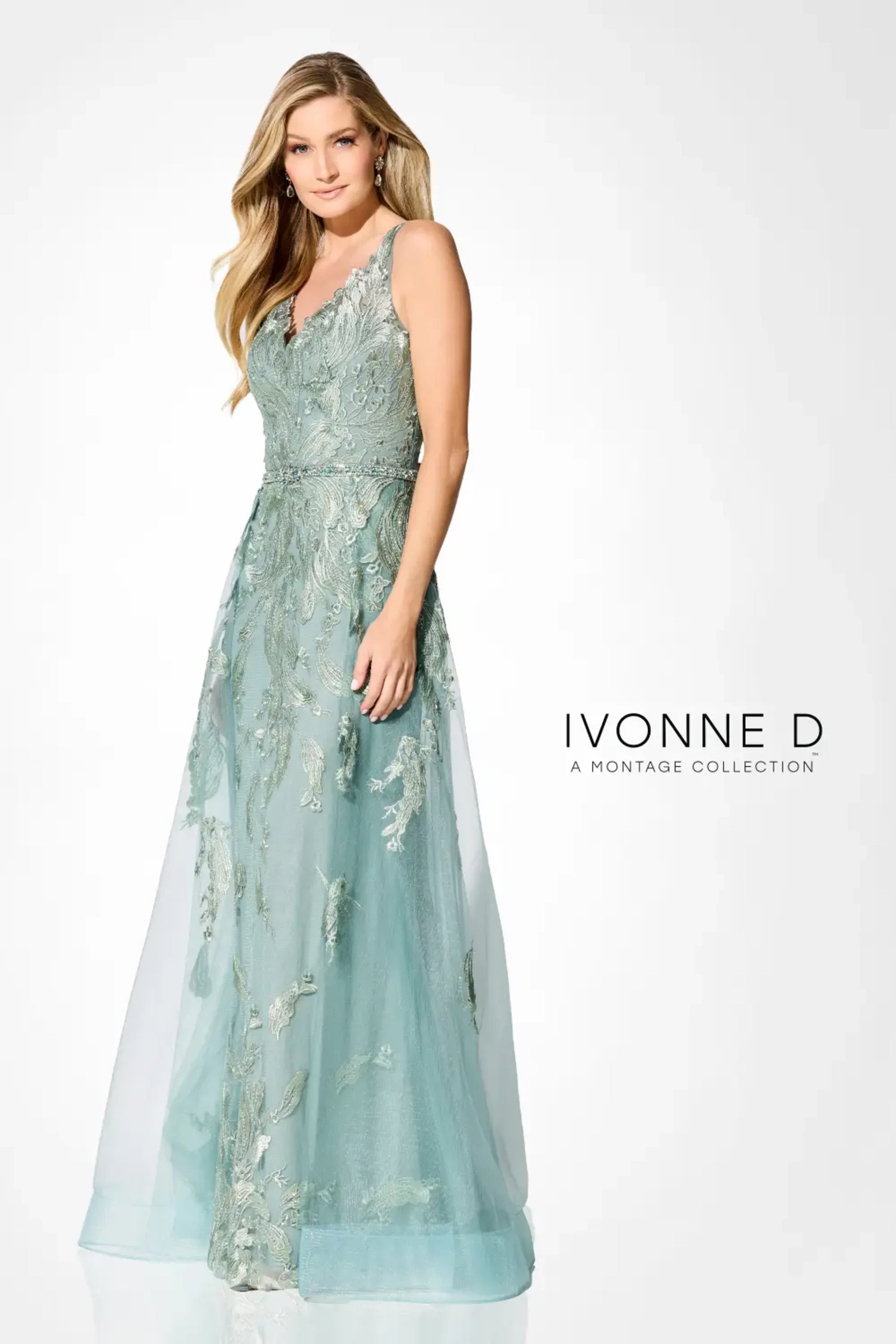 Ivonne D ID924 Long A Line Formal Beaded Applique Overskirt Dress