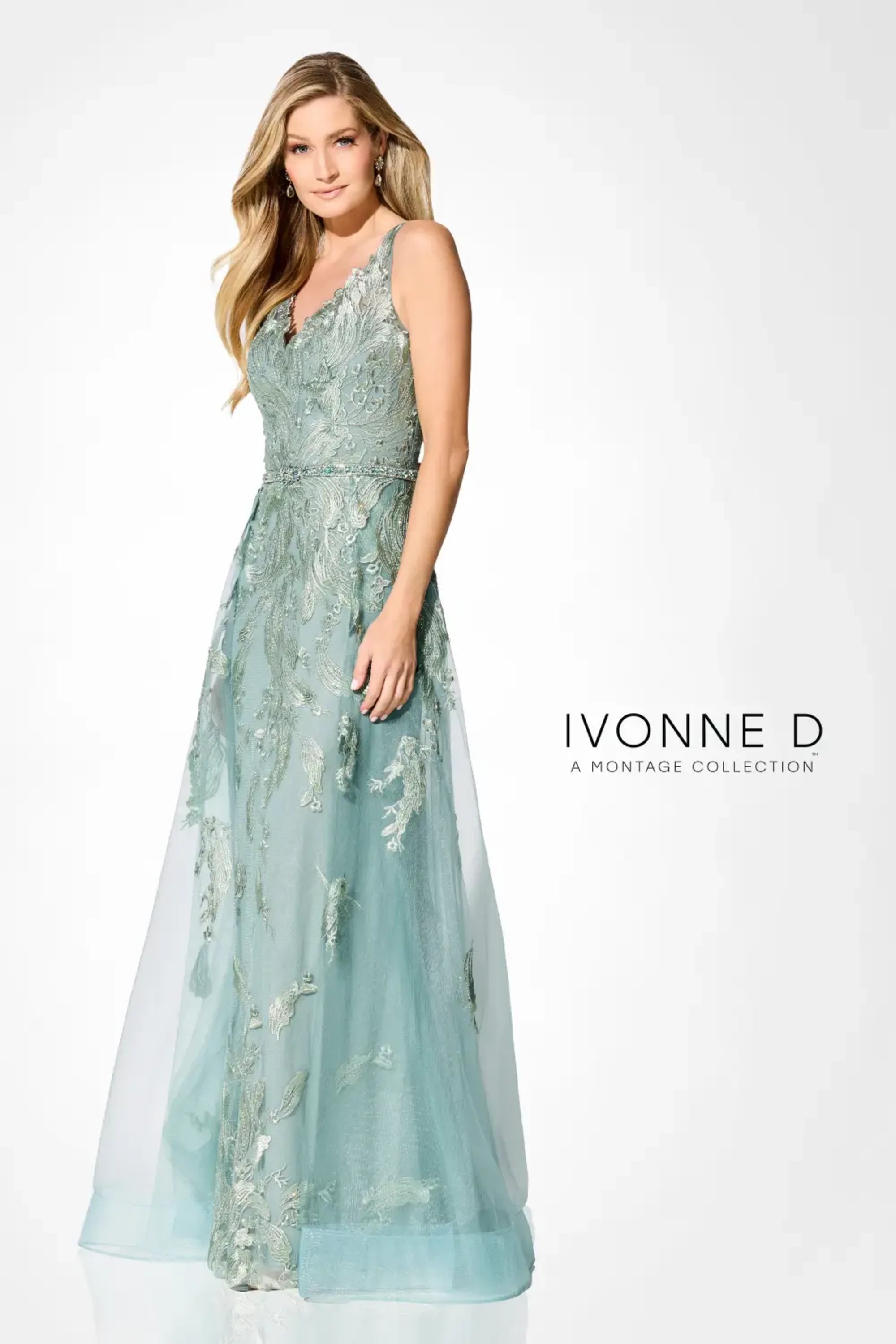 Formal Dresses Long A Line Formal Beaded Applique Overskirt Dress Sage