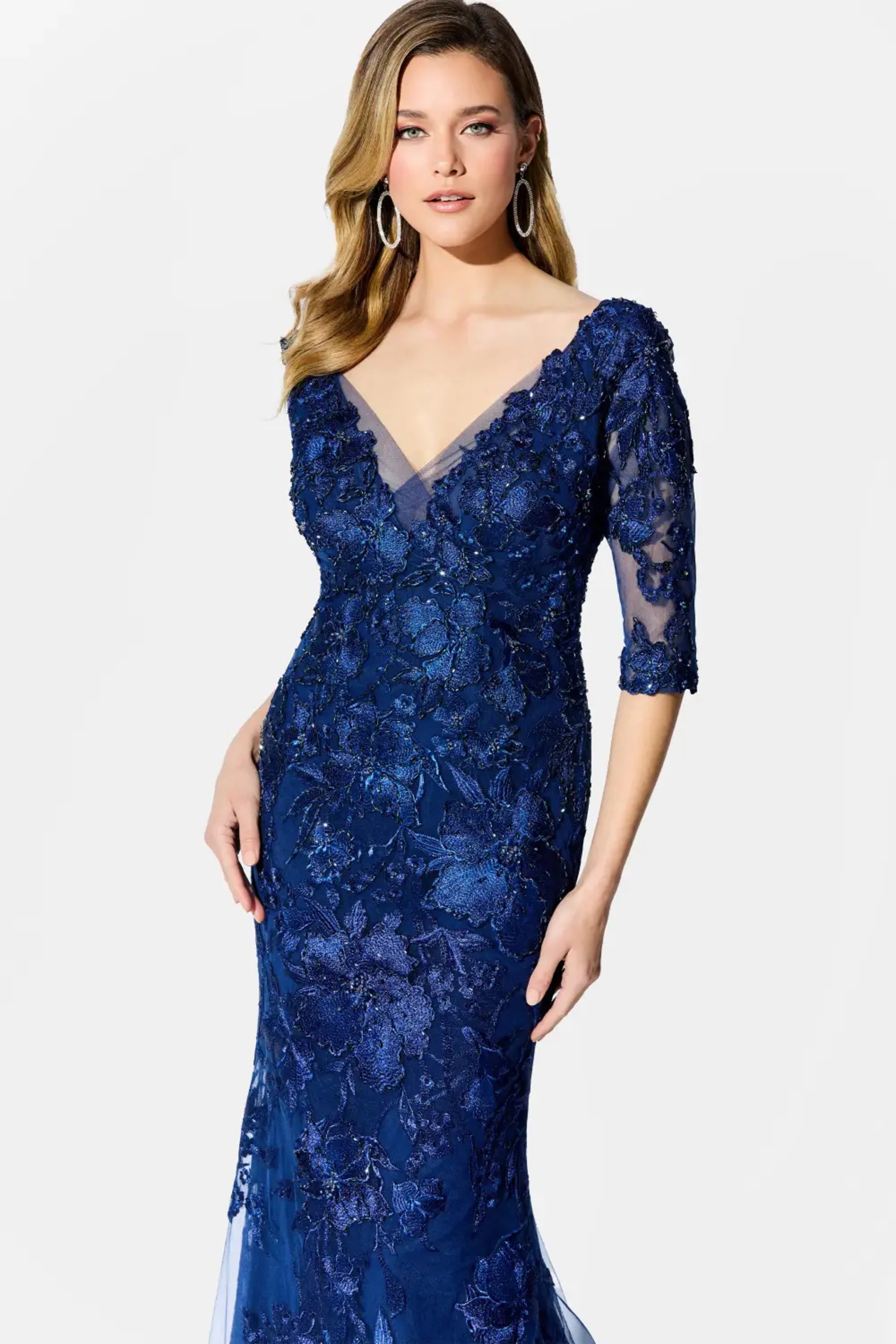 Formal Dresses Mermaid Long Formal Floral Laced Evening Dress Navy Blue