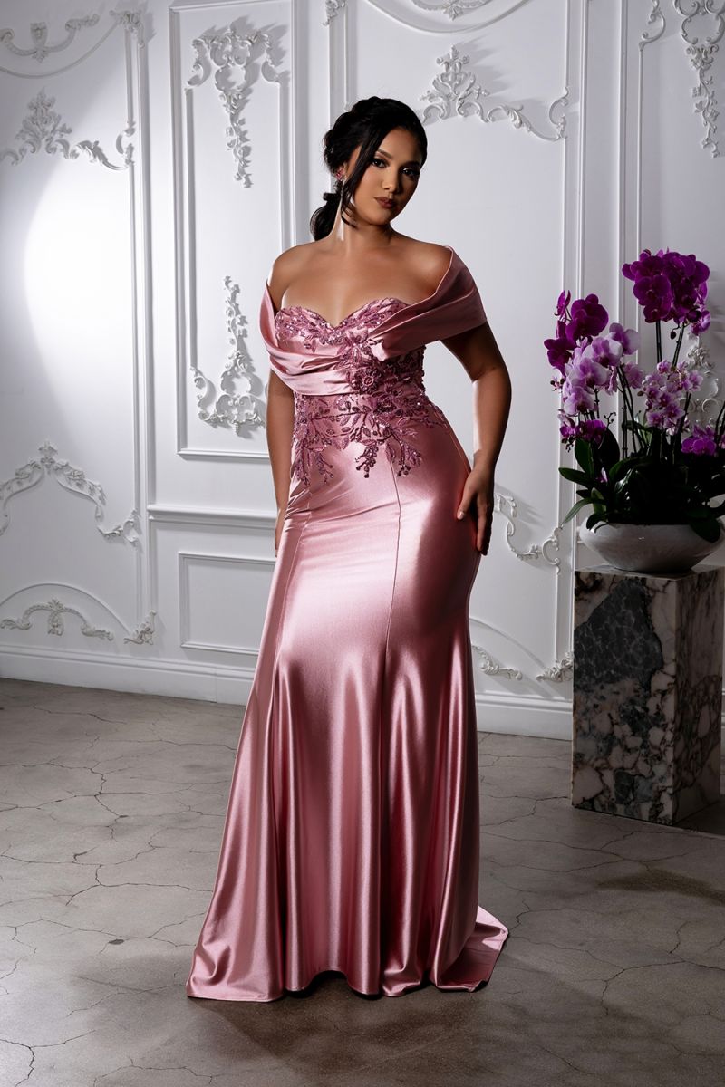 Off-the-Shoulder Floor-Length Satin Formal Dress Sheath May Queen 2174