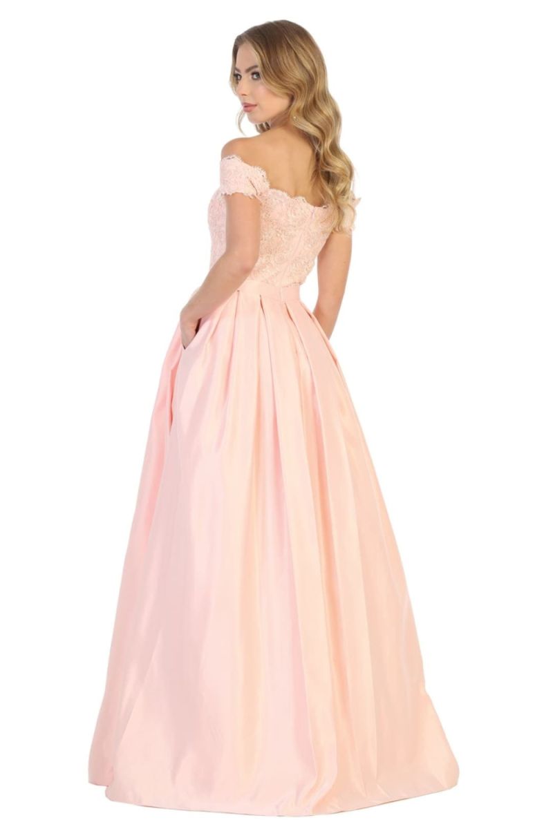 Blush Off-the-Shoulder Floor-Length Lace Satin Formal Dress Pockets May Queen MQ1762