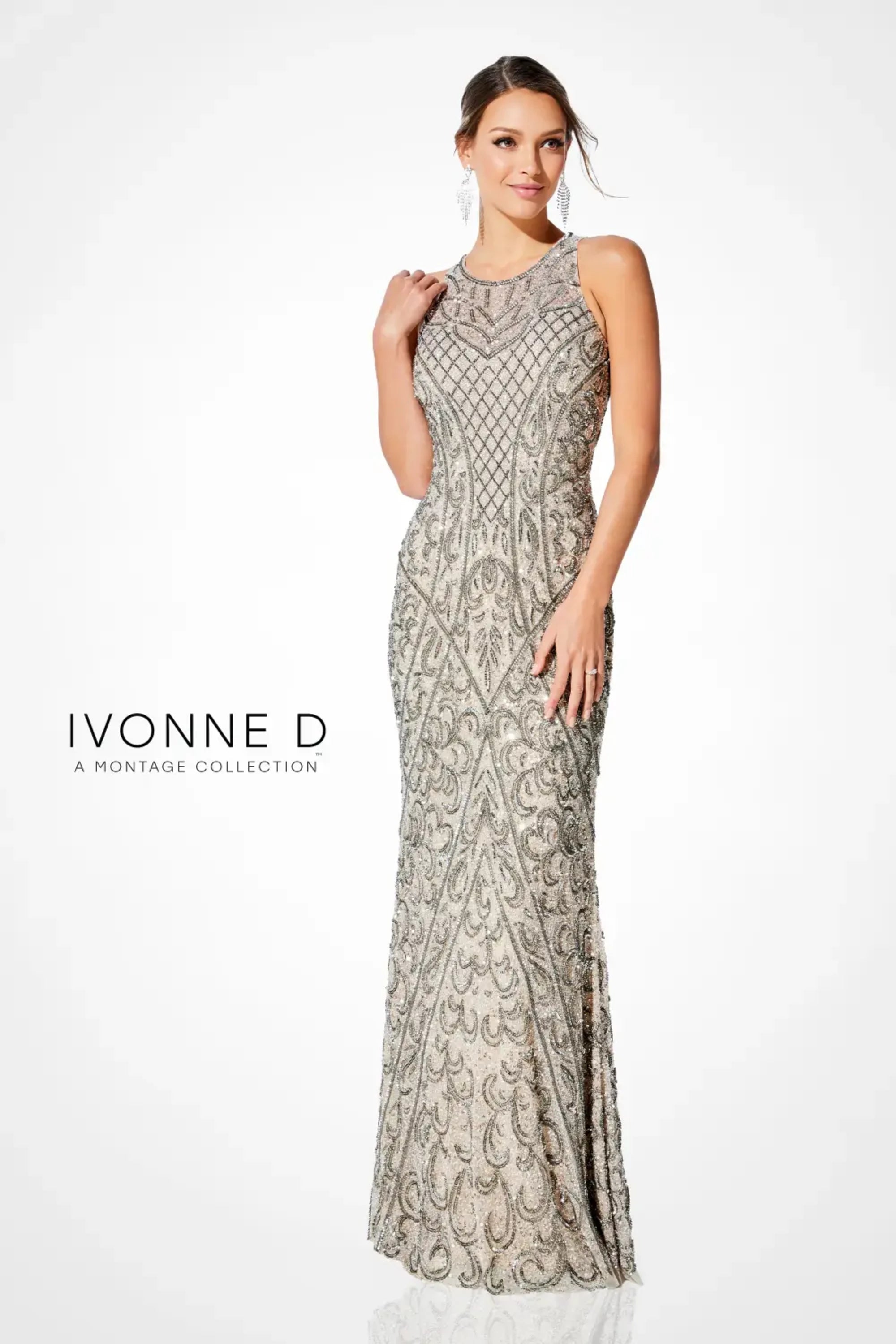 Formal Dresses Fitted Long Formal Beaded Evening Dress Oyster/Pewter