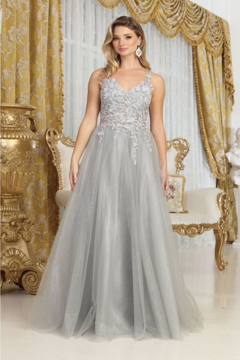 V-Neck Floor-Length Tulle Prom A-Line May Queen 2015