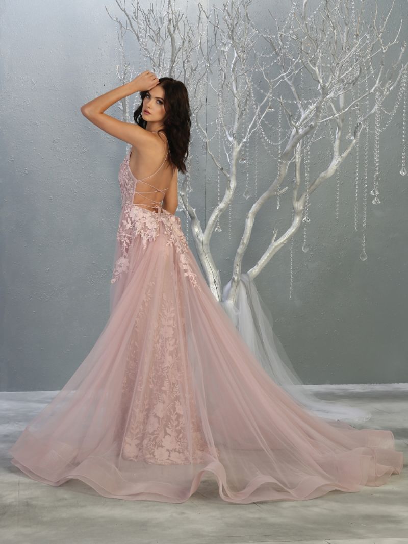 Mauve V-Neck Floor-Length Lace Prom Dress Overskirt May Queen RQ7823