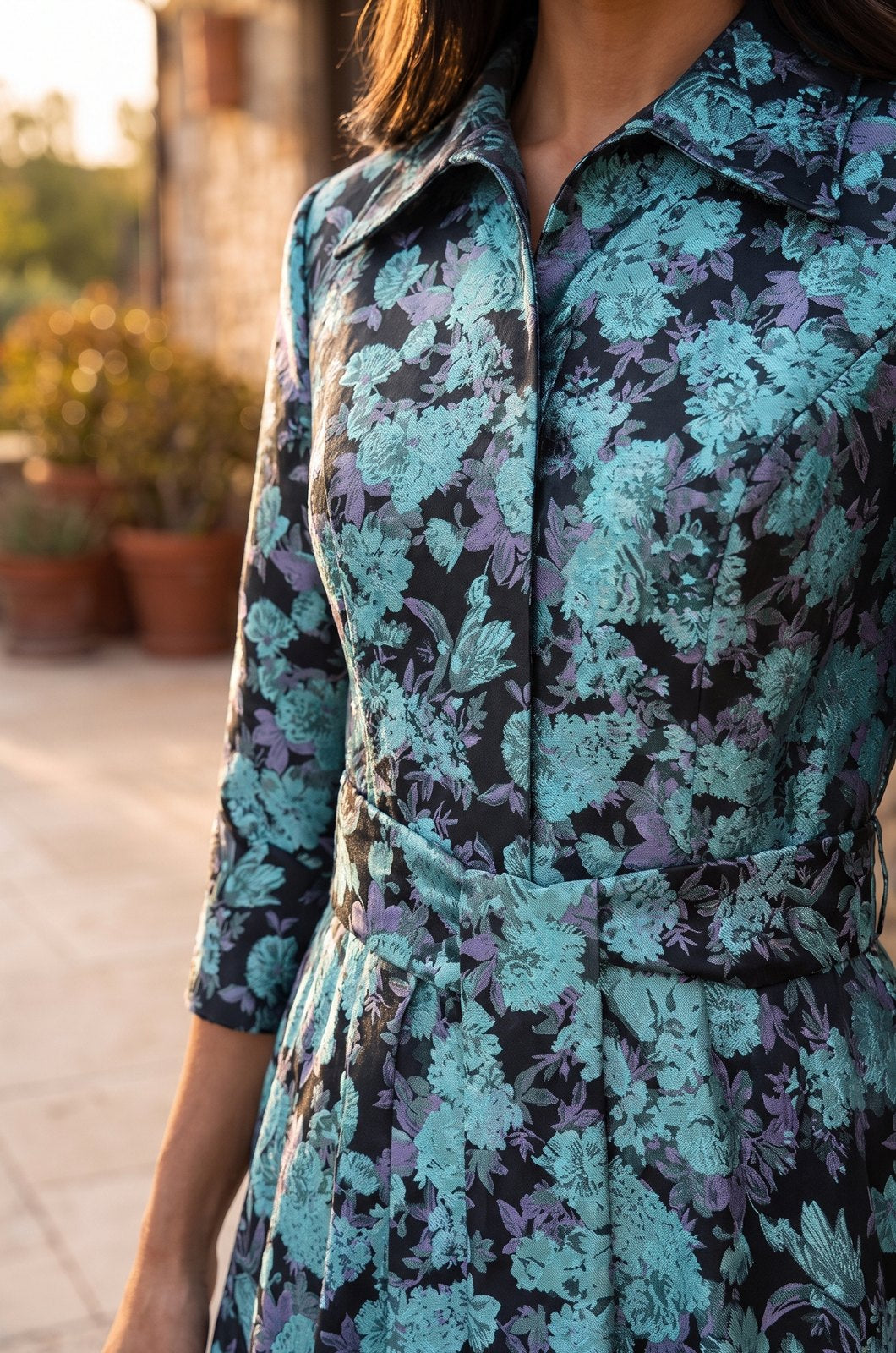 Dark Lilac floral collared long sleeve A-line gown, view 4