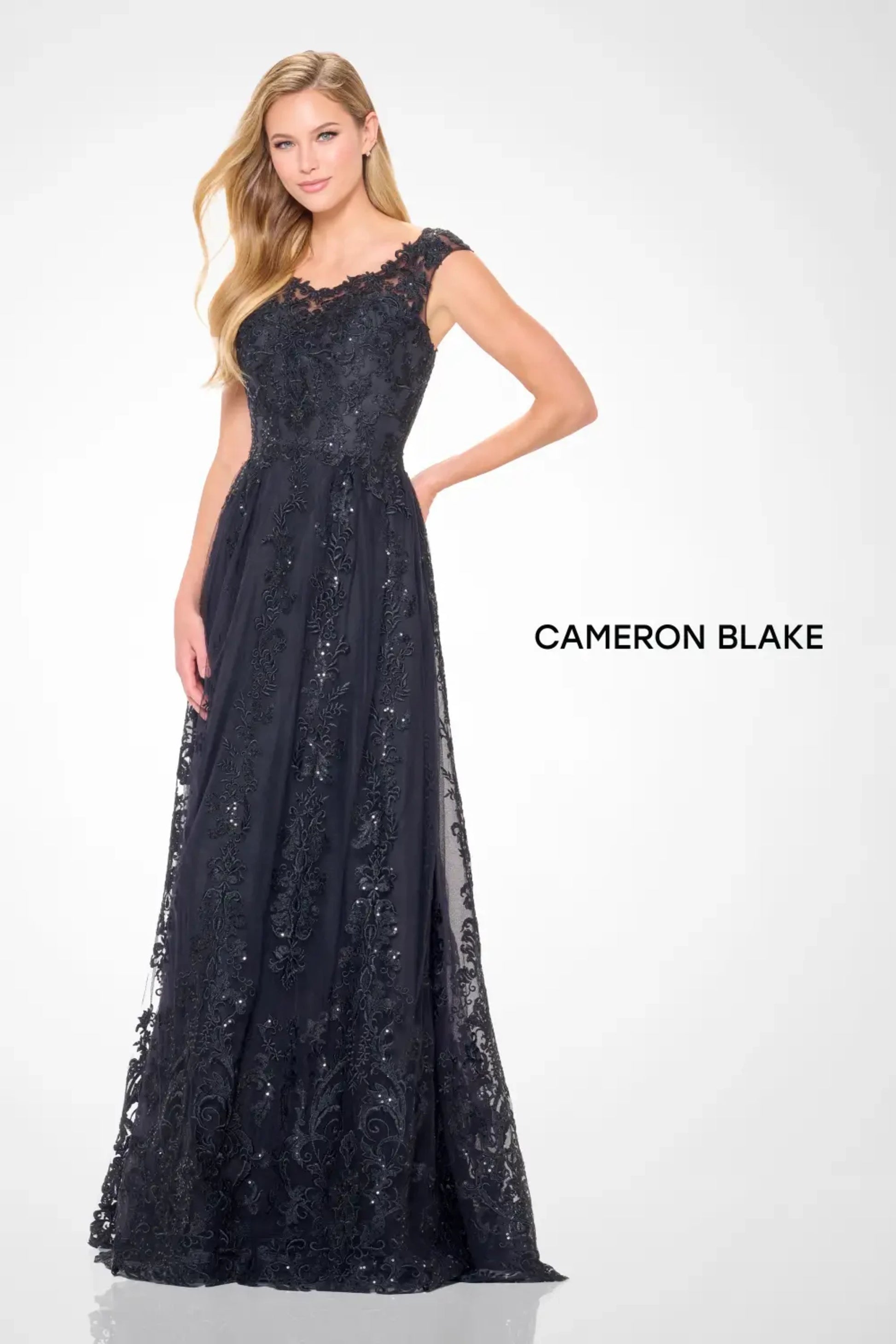 Cameron Blake CB3240 A Line Lace Applique Formal Sequin Evening Dress